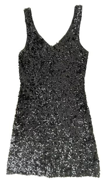 Amber Blue Black Sequin V-Neck Dress Sleeveless Body con Mini Cocktail Sz Large