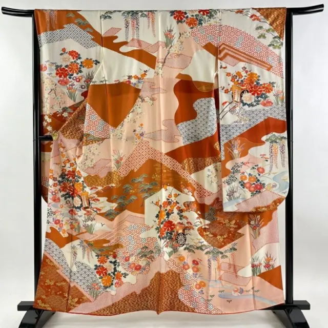 Japanese Kimono Furisode Pure Silk An Ox Drawn Coach Mandarin Duck Dark Orange