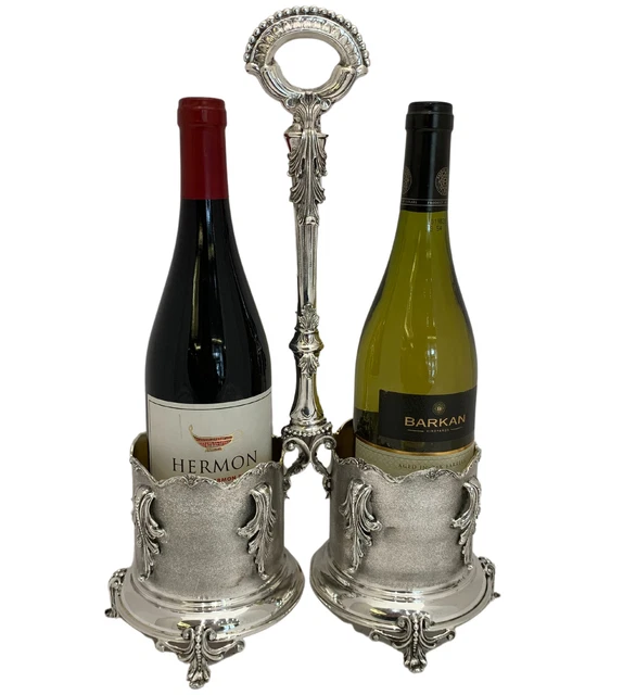 925 Sterling Silver Handmade Leaf Applique Matte Shiny Double Wine Bottle Holder