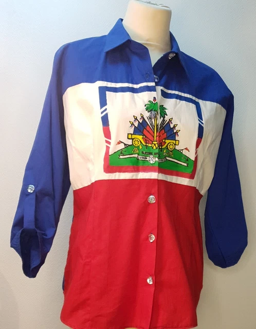 chemise  Femme. Peint à La Main Drapeau Haiti. Tissu  Coton. Création Artisanale