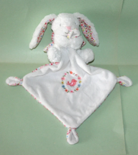 Pommette Doudou Lapin Blanc Mouchoir Blanc Fleur Oiseau Etat Neuf