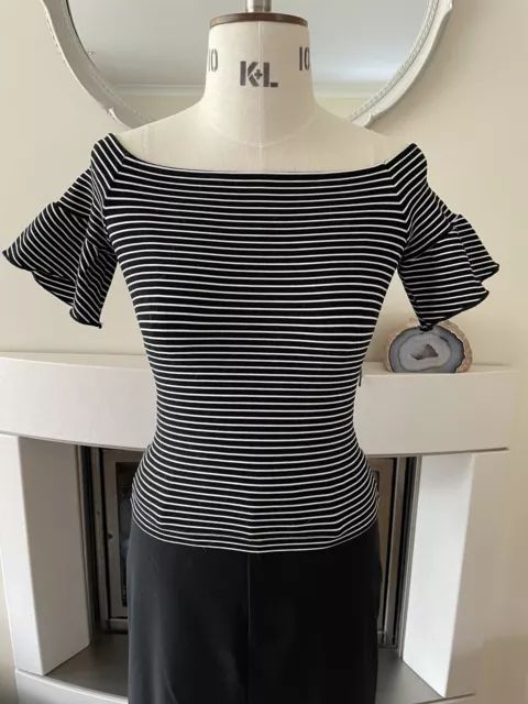 Whistles Black White Stripe Frill Detail Bardot Top Size 6