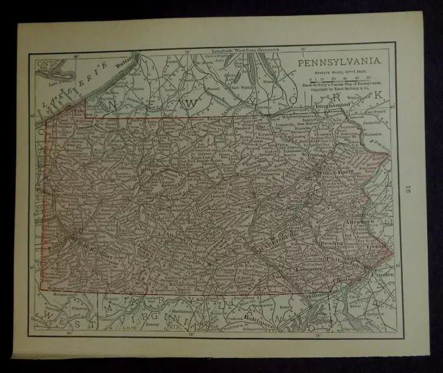 1911 Antique Rand McNally Map of PENNSYLVANIA w/copy History/Demographics