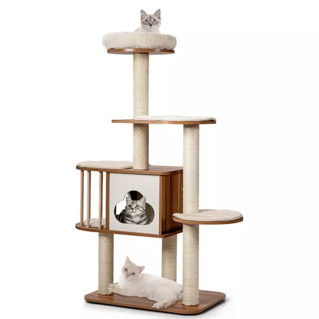 Wooden 5-tier Cat Tree Condo Cat Play Tower Activity Center Scratching Posts