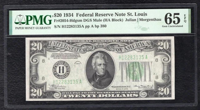 FR 2054-Hdgsm 1934 $20 FRN FEDERAL RESERVE NOTE ST. LOUIS, MO PMG GEM UNC-65EPQ.