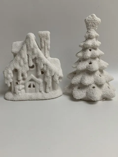 Christmas Votive Set Snow Covered House Tree Candle Holder White Ceramic Holiday