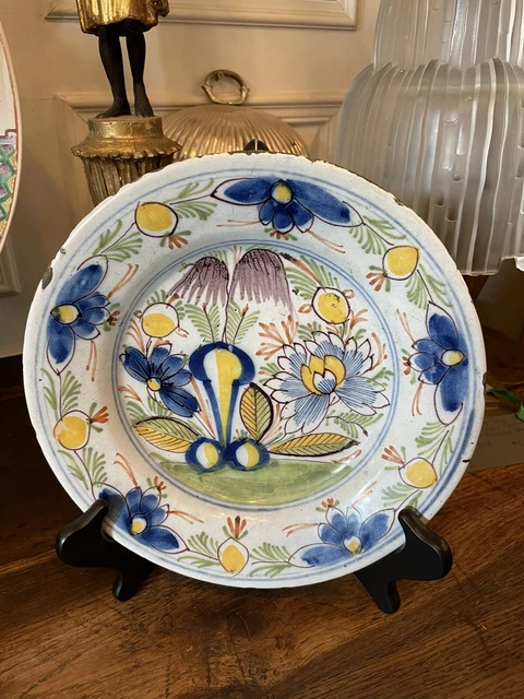 Circa 1740 Multi Colored Hand Painted Delft Tin Glazed 9.25" Plate