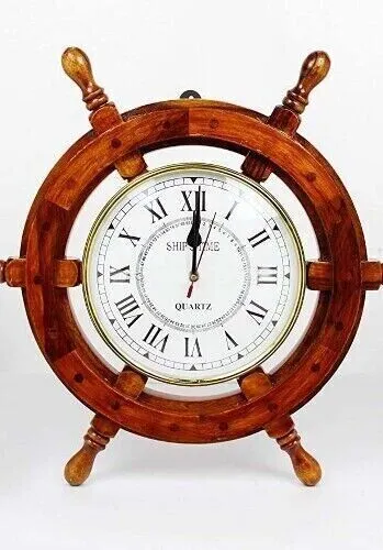 18" Solid Wood & Brass Ship Wheel Wall Clock Porthole Nautical Decor Ship wheel