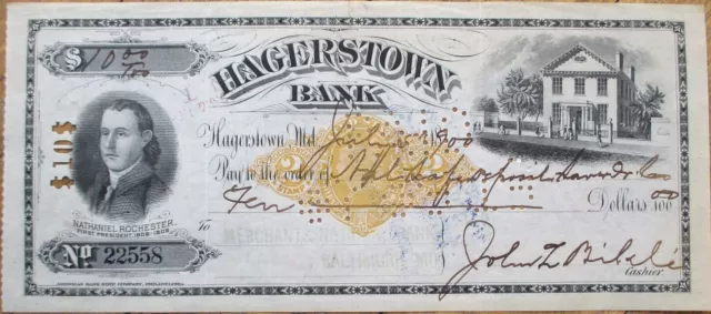 Hagerstown, MD 1900 Bank Check with Imprinted Revenue, Two Vignettes, Ambn
