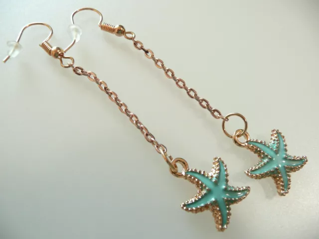 Vintage Art Deco Style Aqua Enamelled Starfish Long Earrings Beach Holidays Boho