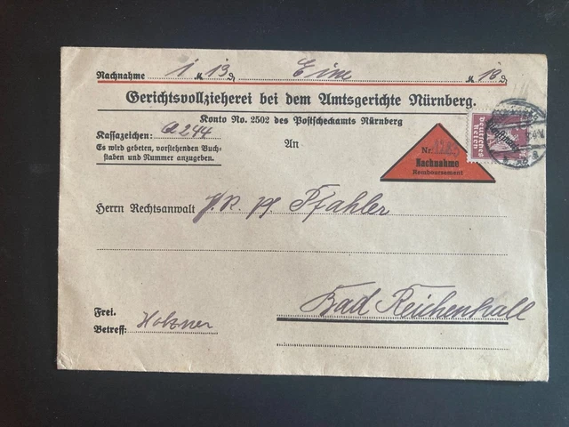 D109 EF Nachnahme Gerichtsvollzieherei Amtsgerichte Nürnberg Reichenhall 1928