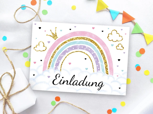 RXLITE Einladungskarten-Set Kindergeburtstag – Einhorn & Regenbogen Mit Kratzaufklebern (10 Stück)