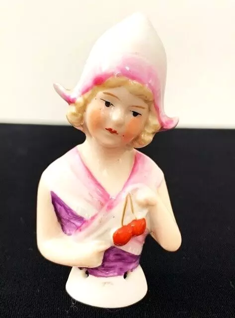 Antique GERMAN 3" Porcelain HALF DOLL Little Dutch Girl Pink Bonnet Cherries