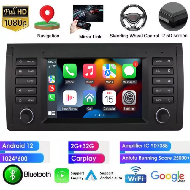 7"Android 12 Autoradio Carplay GPS Navi BT WIFI RDS DAB+ Für BMW 3er E39/X5 E53