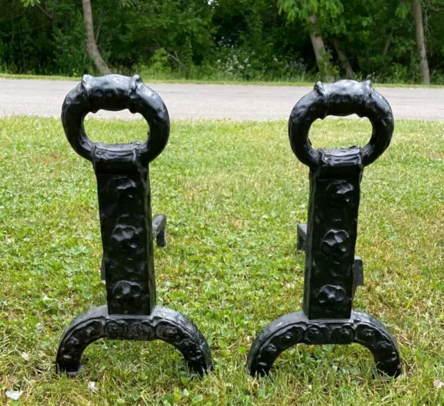 Antique Cast Iron Fireplace Andiron Primitive Medieval Set