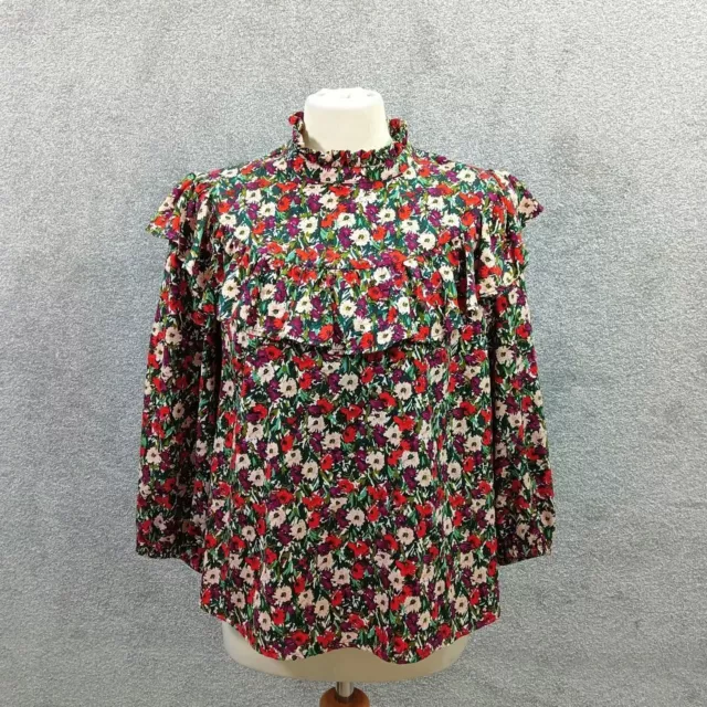New Look Green Floral Red Victorian Top Blouse Long Sleeve Frill Neck Y2K Uk 10