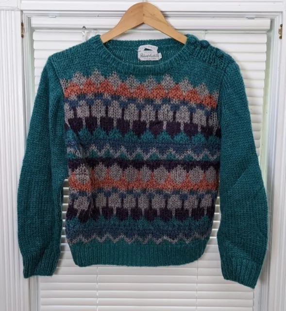 VTG 80s Women's M* Pullover Sweater Multicolor Teal Fair Isle Acrylic Hand Knit