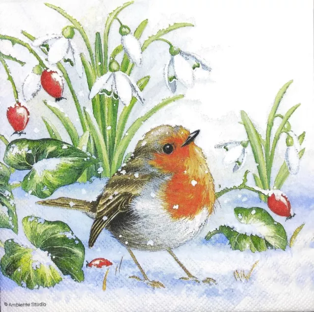 N054# 3 x Single Paper Napkins For Decoupage Craft Winter Snow-Drop Robin Bird