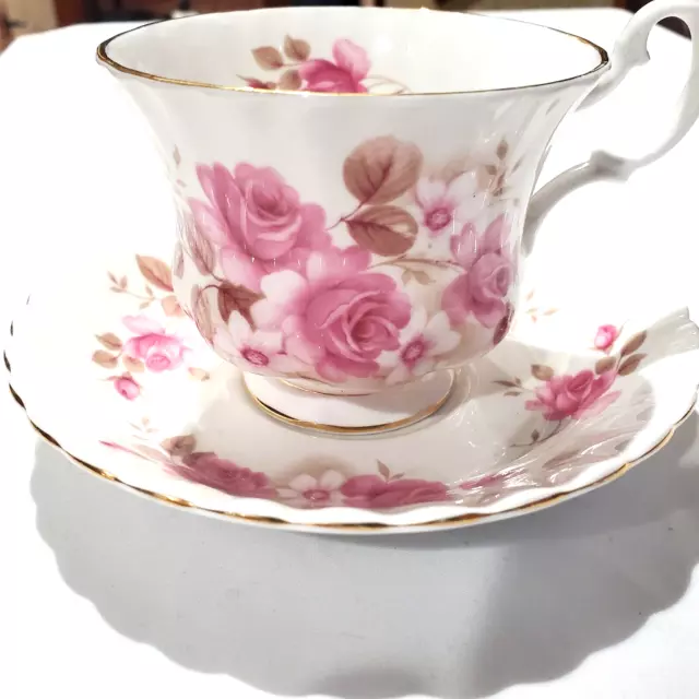 Vintage Royal Albert Tea Cup & Saucer Pink Roses Tan Floral Gold Trim Bone China