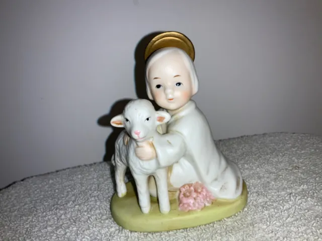 Homco Vtg Beautiful Bisque Porcelain Angel & Lamb Figurine #5605- Collectible