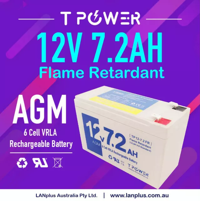 TPower 12V 7.2Ah/20HR 6-Cell VRLA AGM Flame Retardant Battery for UPS NBN Alarm