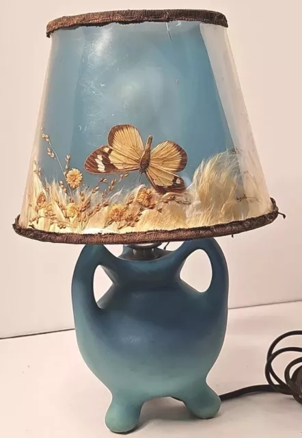 Vintage Van Briggle Turquoise MCM Tri Foot Handle Lamp With Butterfly Shade