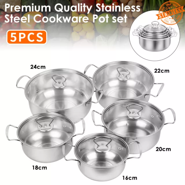 10pcs Stainless Steel Cookware Set Casserole Stockpot Pot Hob with Glass Lids UK