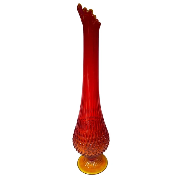 VINTAGE FENTON GLASS Red Amberina Swung Vase MCM 20” Hobnail Yellow