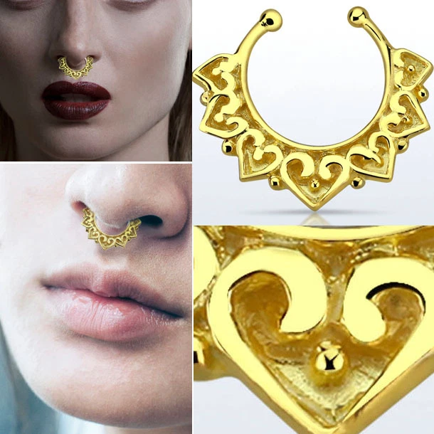 18G Aztec Heart Fake Septum Clicker Non Piercing Nose Clip Hang Cheater Jewelry