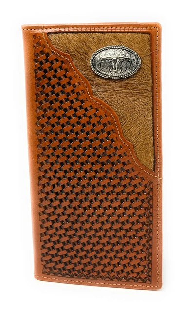 West Men's Cow Fur Cowhide Genuine Leather Longhorn Basketweave Bifold Wallet