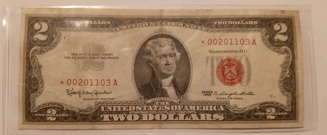 1963 $2 Two Dollar Bill Red Seal Circulated Star Note * 00201103A