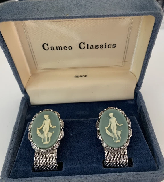Vintage Swank Cameo Classics Cuff links Green & Silver Roman Goddess
