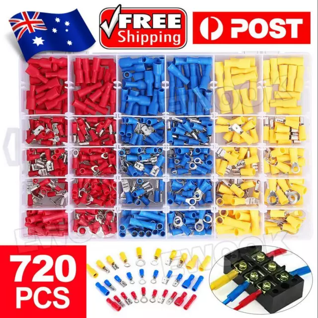 720 × Assorted Insulated Electrical Wire Terminal Crimp Spade Connector Kit Box