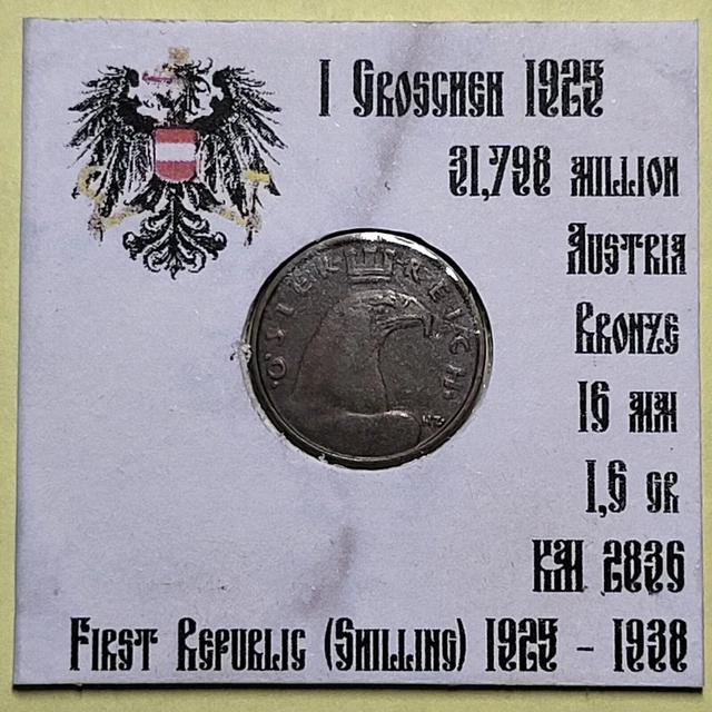 1925 Austria First Republic  - 1 Groschen Bronze Coin -  KM 2836 #443
