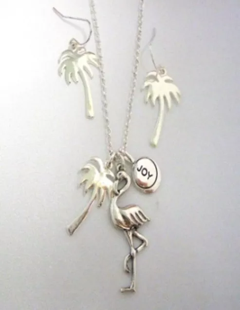 16" Adjustable Silver Tone Flamingo & Palm Tree Charm Necklace With Earrings