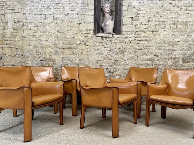 Set 6 Six Mario Bellini Cab 414 Dining  Armchairs Cassina  Leather Vintage