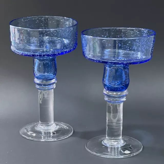 Set of 2 San Miguel Mexican Hand Blown Jay Weberling Blue Margarita Glasses 7"