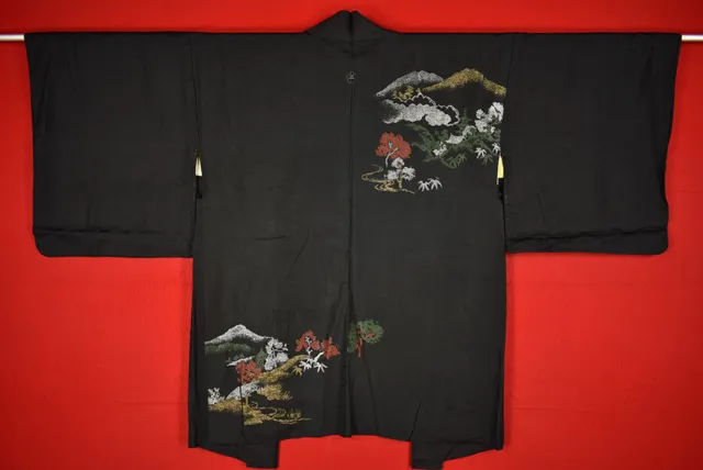 Vintage Japanese Kimono Silk Antique BORO Black HAORI Kusakizome Woven/A637/390