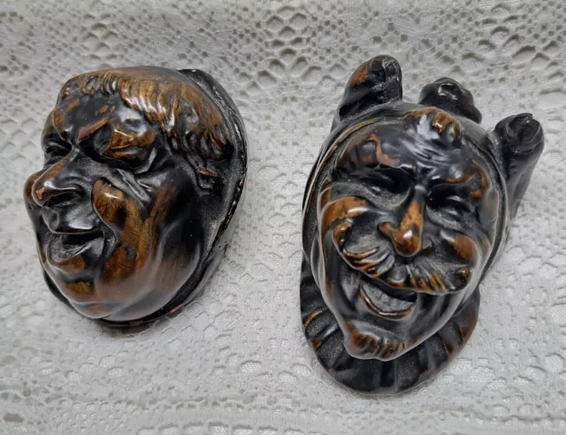 Vtg Pair Heavy Little Redware Wall Sculpture Fellows Hand Painted Wood Effect