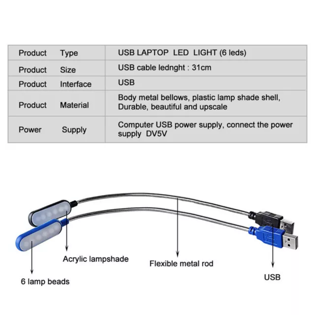 Luce notturna LED USB Lampada da lettura flessibile portatile pc notebook computer portatile 2