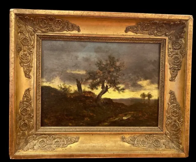 Antique Painting Oil On Wood Landscape Tree Frame Gild Romantic Rare Old 19th