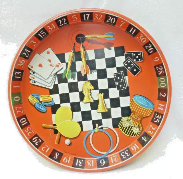 VINTAGE RETRO COLOURFUL PRINTED METAL GAMES TRAY 33cm dia. 1960s - Willow Brand