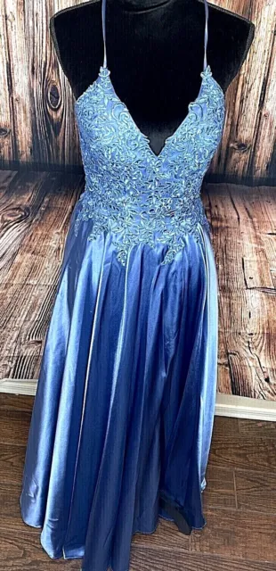 Camille La Vie Blue beaded embroidered long formal prom dress gown pageant sz 8