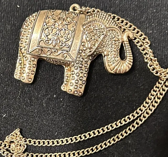 Lucky Elephant Pendant Necklace gold / brass Tone Trunk Up 30”w/3”extension