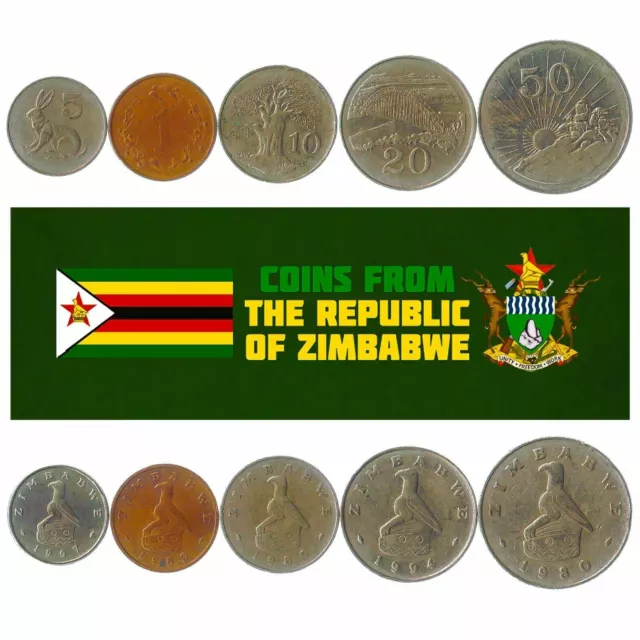 5 Coins From Zimbabwe. 1980-2018. 1-50 Cents. African Collectible Money