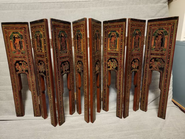 Small Vintage Burmese 8 Paneled Hand-painted Wooden Folding Screen, 18" H 35" W