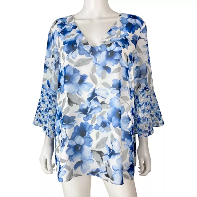 Calvin Klein Blouse Top Size XL Bell Sleeve V Neck Blue Floral Popover Shirt