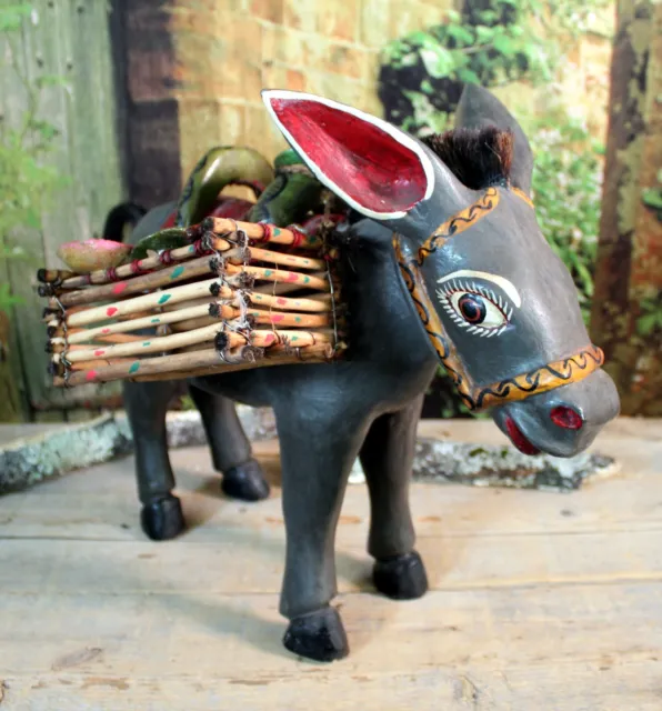 Large Donkey Mule Burro Pots Handmade Hand Painted Wood Guerrero Mexico Folk Art