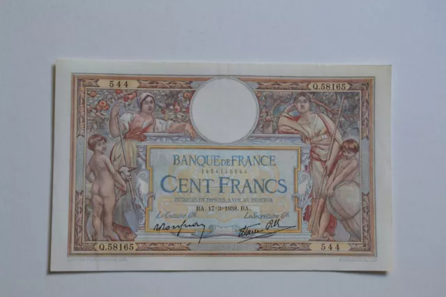 Billet de 100 Francs Luc Olivier Merson du 17=3=1938 N° 544 Q.58165 SUP + à SPL