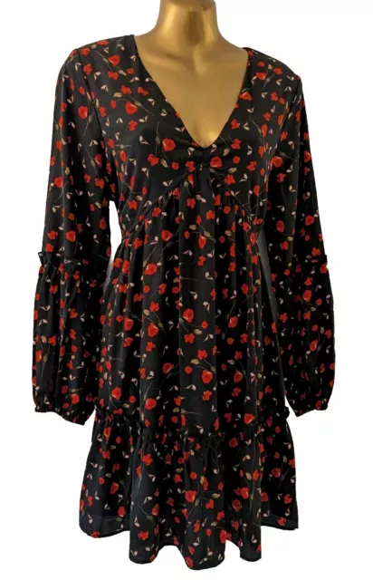 IIN THE STYLE womens black floral v neck skater dress size 16 lined long Sleeve